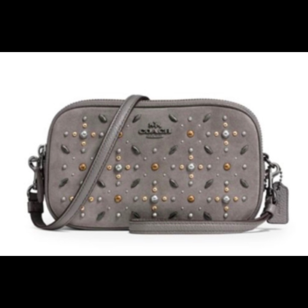 COACH HEATHER GRAY SUEDE/LEATHER PRAIRIE RIVETS CROSS BODY/WRISTLET BAG NEW